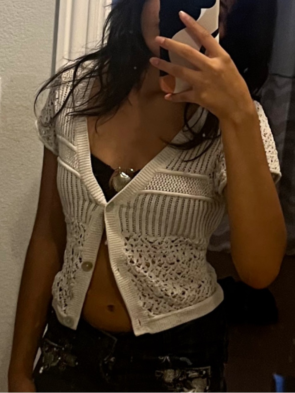 Women's Short Sleeve Crochet Cardigan Sweater - White